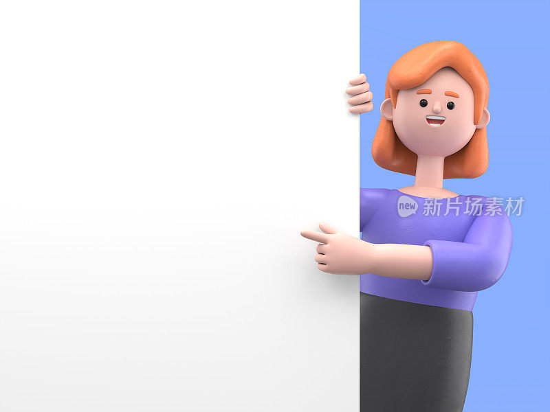 3D插图微笑的女商人艾伦指着空白演示或信息板的手指。特写可爱卡通微笑商人与广告牌。