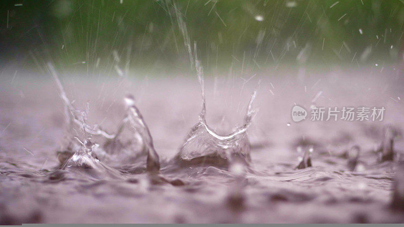 特写，大的，沉重的雨滴，降雨，阵雨，落了一个水花，水花，在潮湿的表面水坑，水的表面。大滴的雨水从潮湿的地面纹理