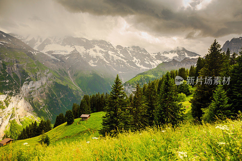 瑞士美丽的风景。因特拉肯县的Jungfraujoch峰。Lauterbrunnen村