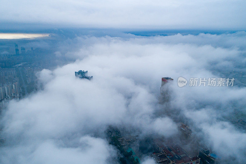 现代城市地标鸟瞰图，平流雾，上海，中国