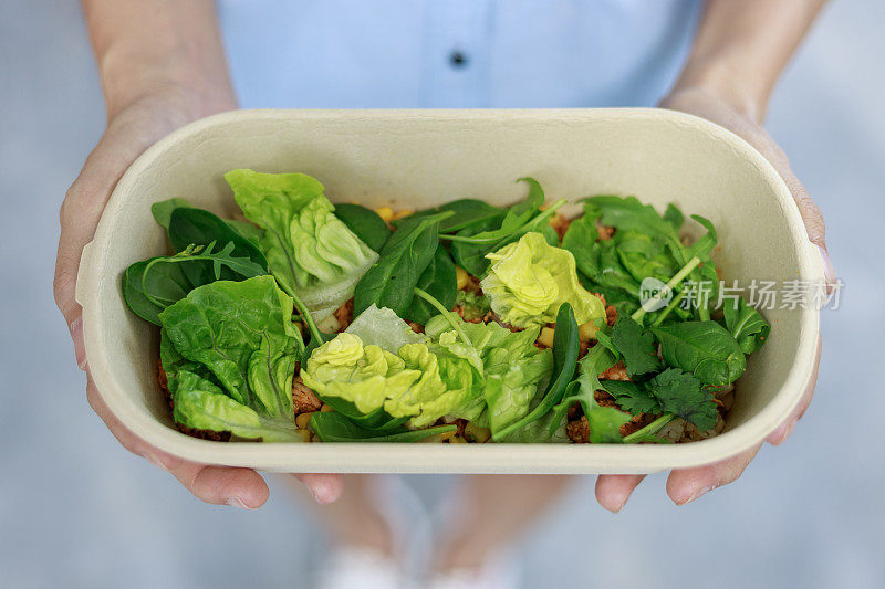 一名妇女正在享受一顿健康的素食午餐。美味均衡的食物概念。生态零废餐具。食品外卖