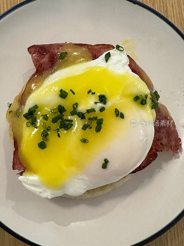 全画框蓝边白盘子的鸡蛋本尼迪克食谱，英国松饼上面有培根片，荷包蛋，荷兰酱，切碎的韭菜装饰，抬高视图