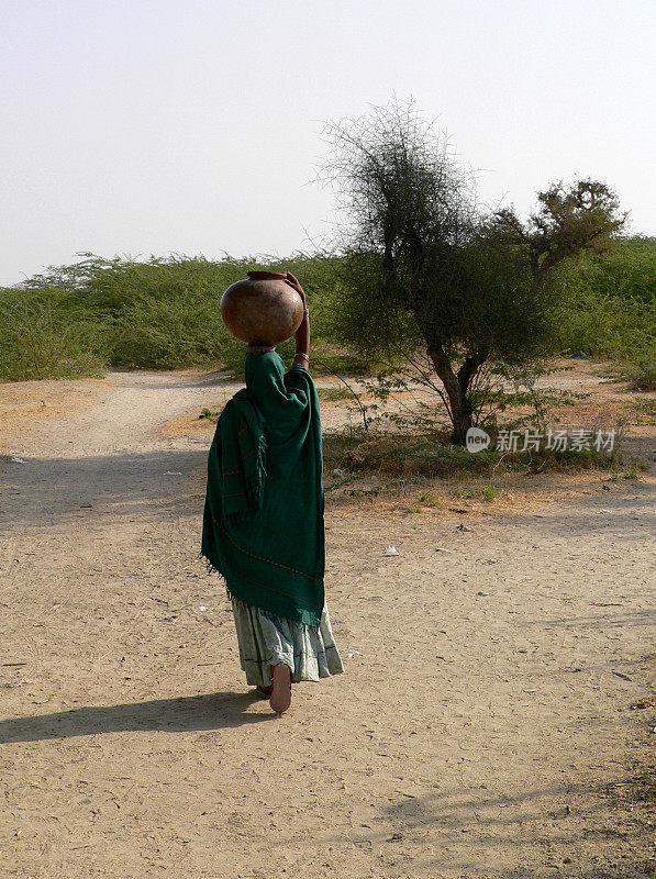 印度拉贾斯坦邦沙漠中，一名妇女拿着水罐行走