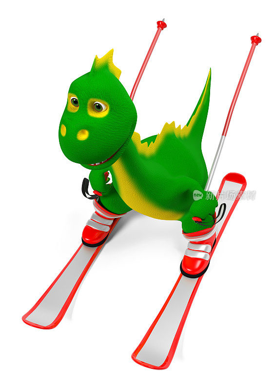 绿色的小恐龙在滑雪