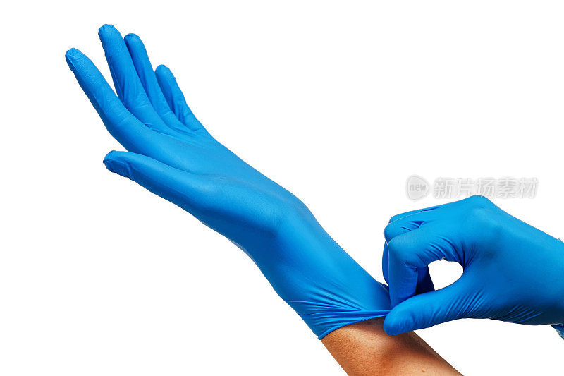 医生戴上防护蓝手套隔离在白色
