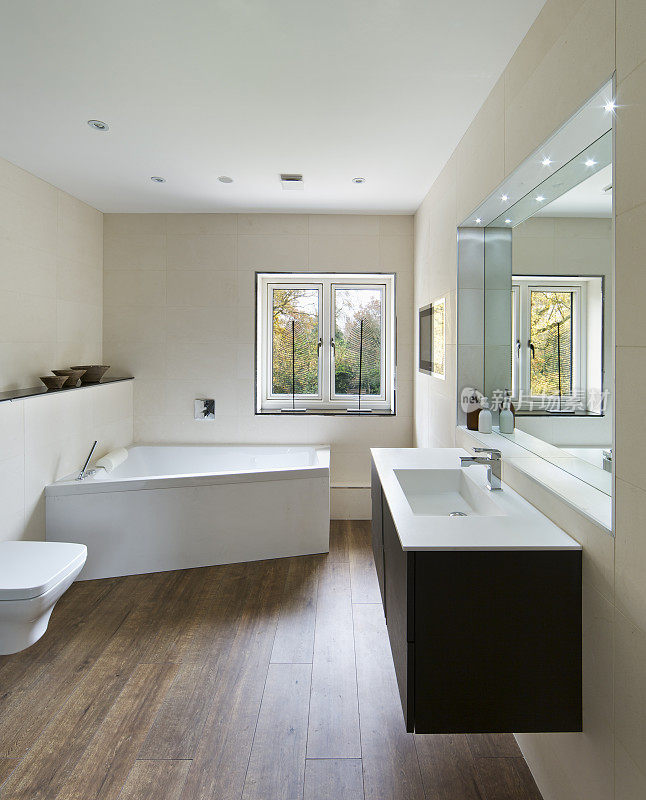 现代浴室与木地板