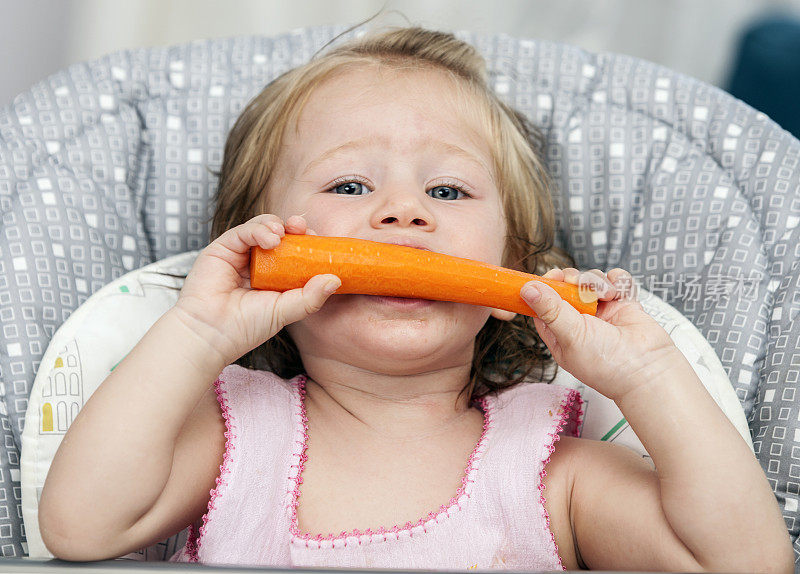 快乐的小女孩在高椅子上吃胡萝卜。