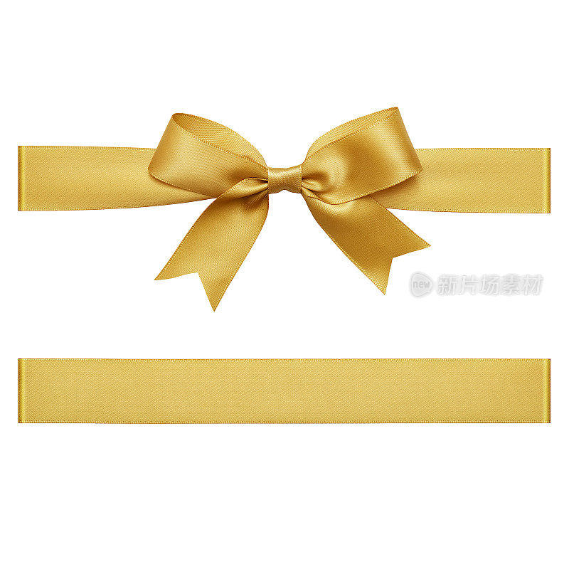 金色的礼品丝带系在一个蝴蝶结上白色的背景，剪出顶视图