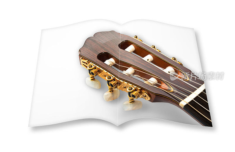 一个木制木吉他的3D渲染在打开的相册上孤立的白色背景-我是在这个3D渲染中使用的图像的版权所有者。