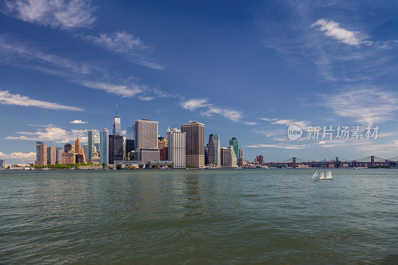 曼哈顿金融区，帆船(高船)，纽约港的水，炮台公园，布鲁克林大桥和蓝天。