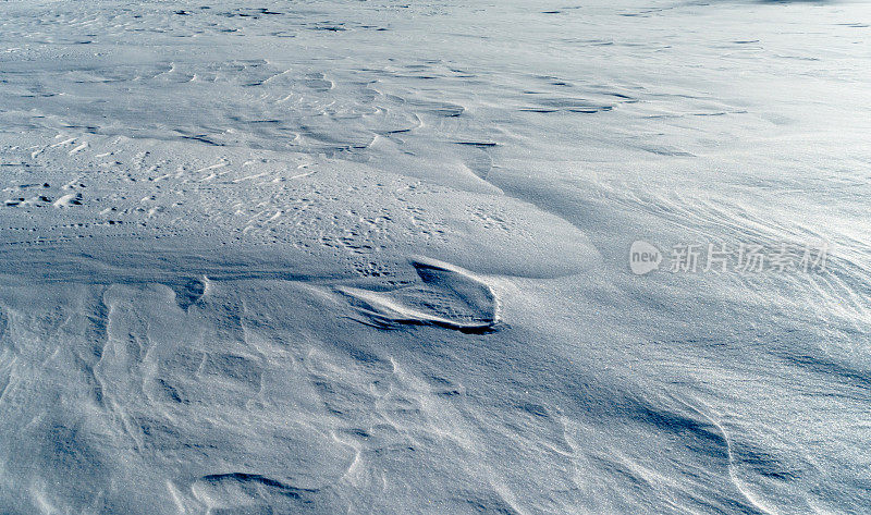 伏尔加河表面鸟瞰图。有波浪和曲线的雪冰外壳