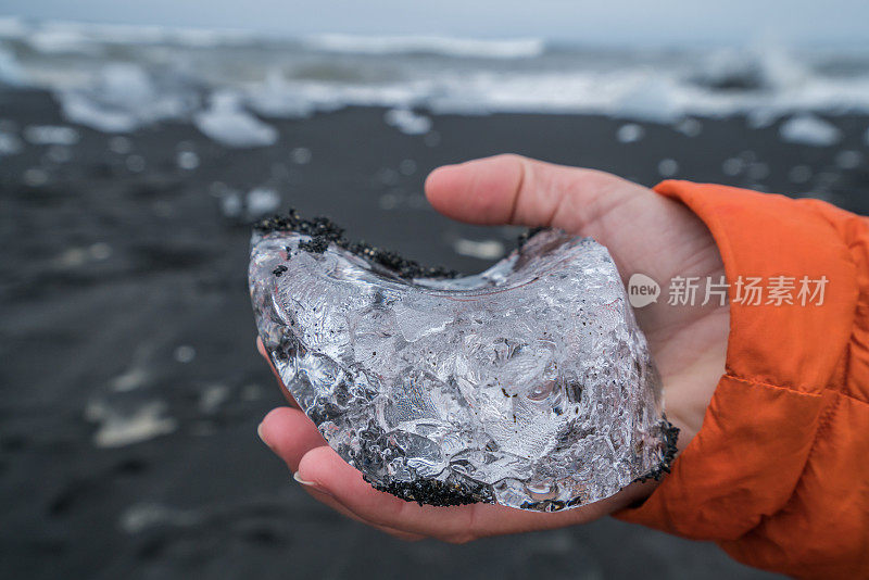 在冰岛Jokulsarlon的黑色沙滩上，手持冰的人对景观的特写