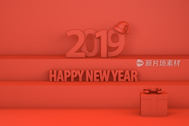 2019年新年，楼梯上有圣诞帽，红色背景上有简约圣诞概念