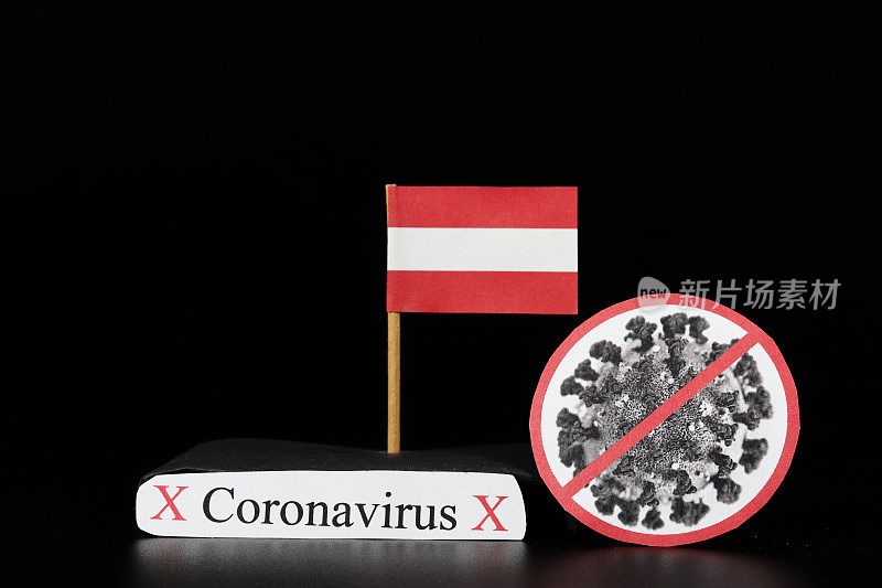 带有covid-19细胞和单词冠状病毒的奥地利国旗。世界范围内快速传播的疾病。Covid-2019是一种更强的流感，影响老年人和病人。危险的,好斗的