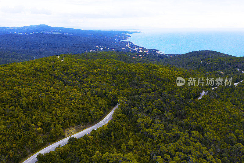 鸟瞰图的乡村公路走向大海，托斯卡纳，意大利