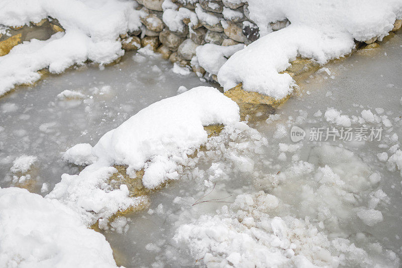 美丽的冬季公园，结冰的水覆盖着雪