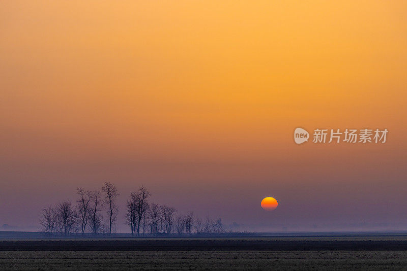 在大雾天气中，落日在引人注目的景观上的风景