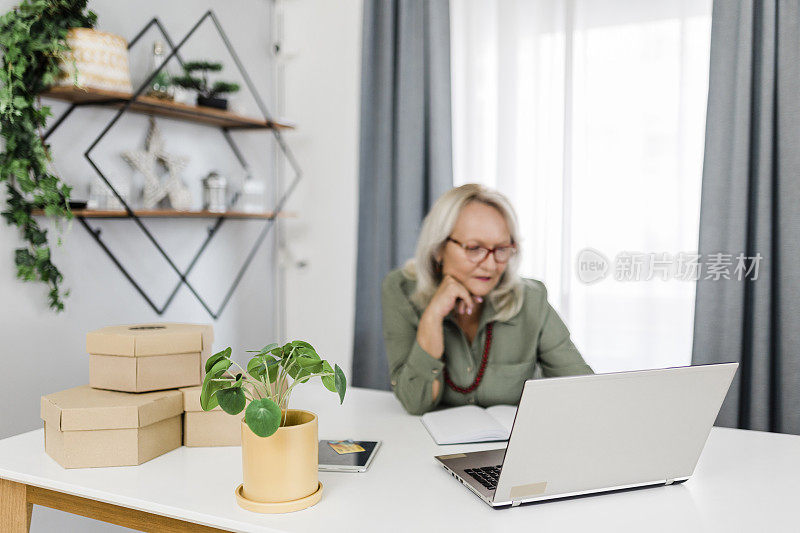 老年妇女使用笔记本电脑和工作在家里
