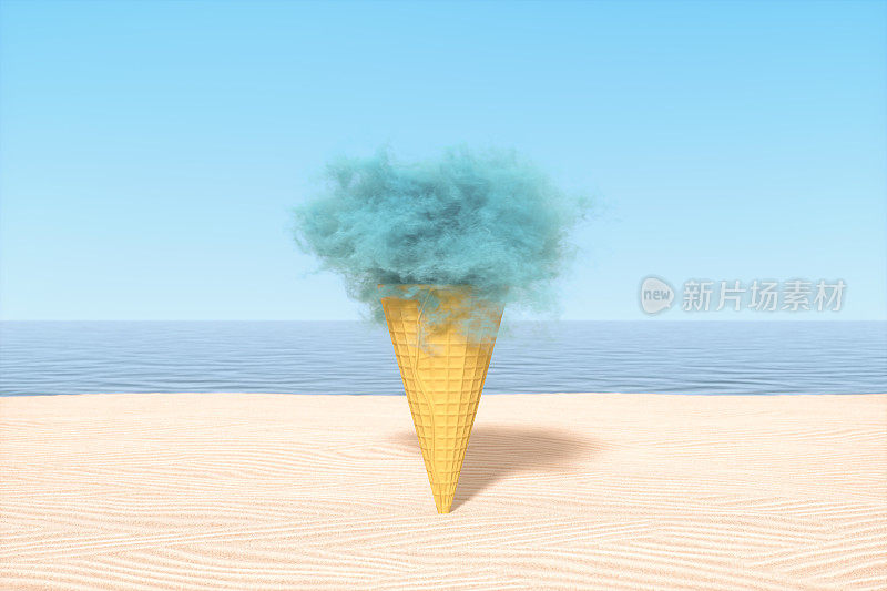 冰淇淋蛋筒与云在海滩上极简超现实的夏日背景