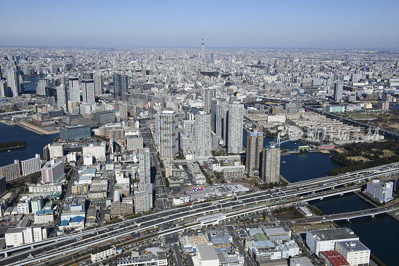 筱户站航拍从南侧朝向天空树塔方向，日本，Koto，东京，东京