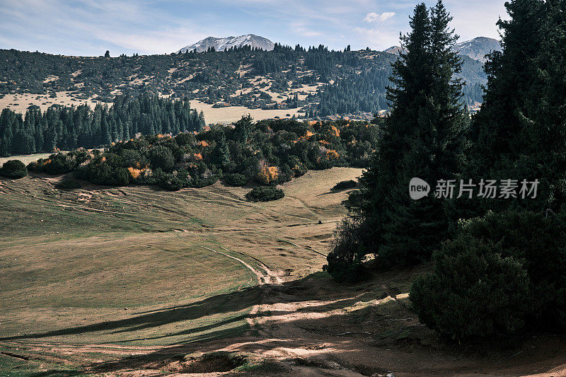 山里的秋天。10月的风景斜坡广角镜头