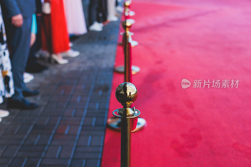 豪华派对入口用绳索和金色屏障围成的红地毯，电影院首映电影节活动颁奖盛典，有钱的贵客到来，户外装饰元素，夏日