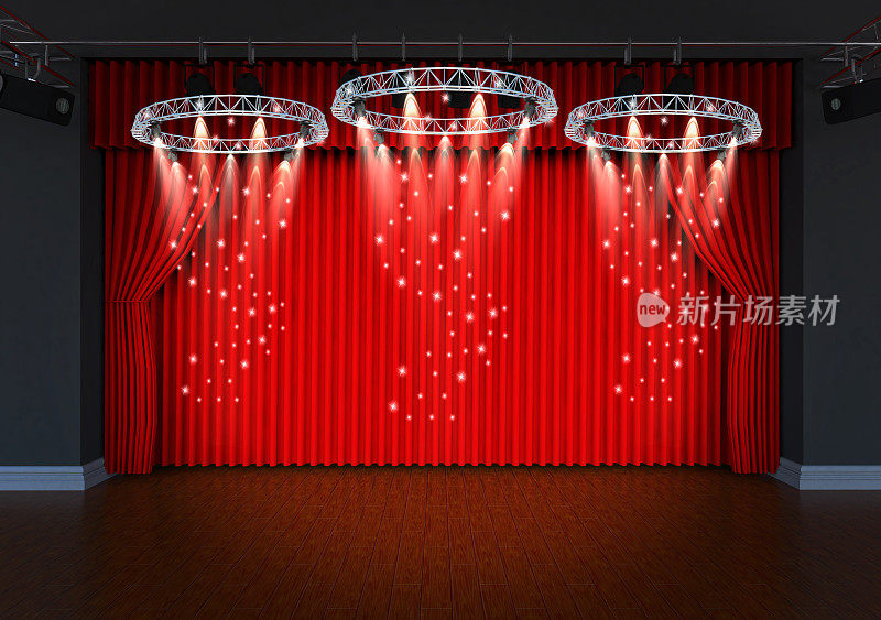 有红色窗帘和聚光灯的剧场舞台