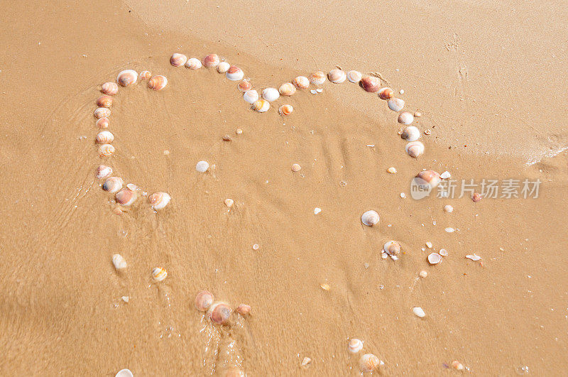 贝壳做成的心在沙子里。