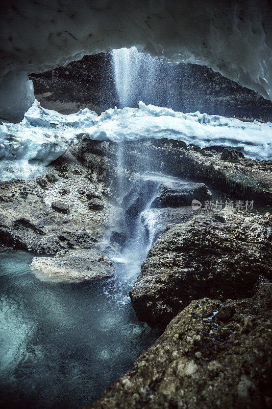 高山瀑布从雪洞拍摄