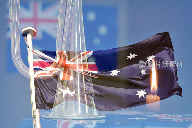 澳纽军团日的号角、澳大利亚国旗和蜡烛蒙太奇