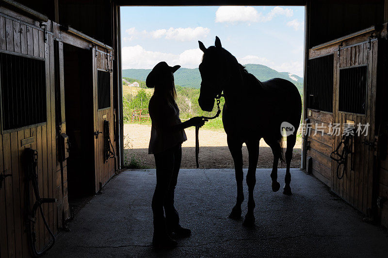 女孩与马在夏天谷仓门剪影