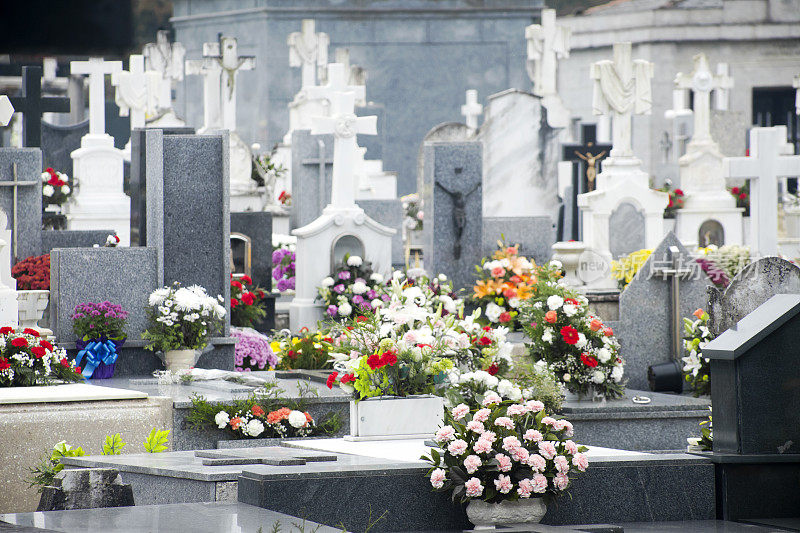 墓地里的十字架和鲜花。