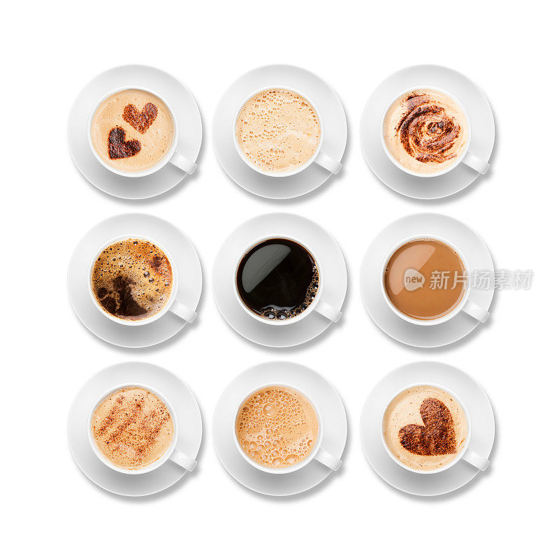 九种不同的咖啡装在配有茶托的白色杯子里