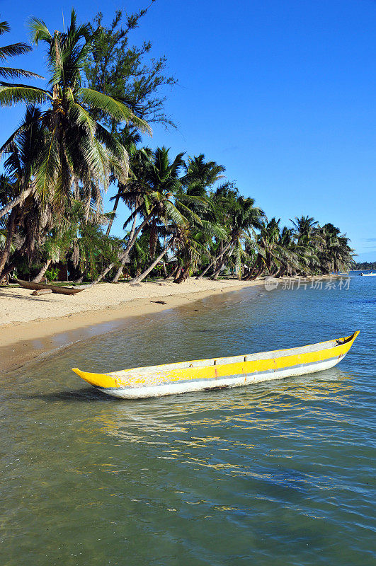 热带海滩，独木舟和椰子树