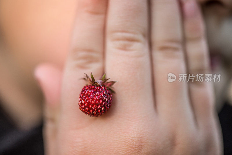 手指间夹着一颗野生草莓