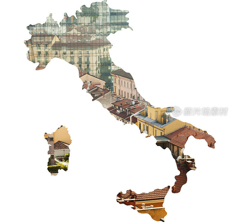 意大利地图和城市景观双重曝光