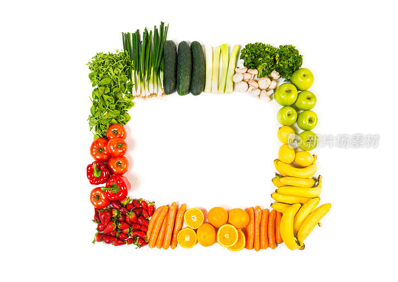 框架由水果和蔬菜孤立在白色背景