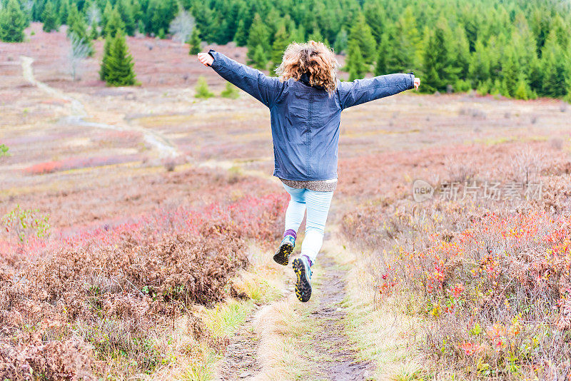 年轻的运动员，健美，自由快乐的女人在秋天跑步慢跑跳跃，秋天季节草地田野小径在半空中徒步