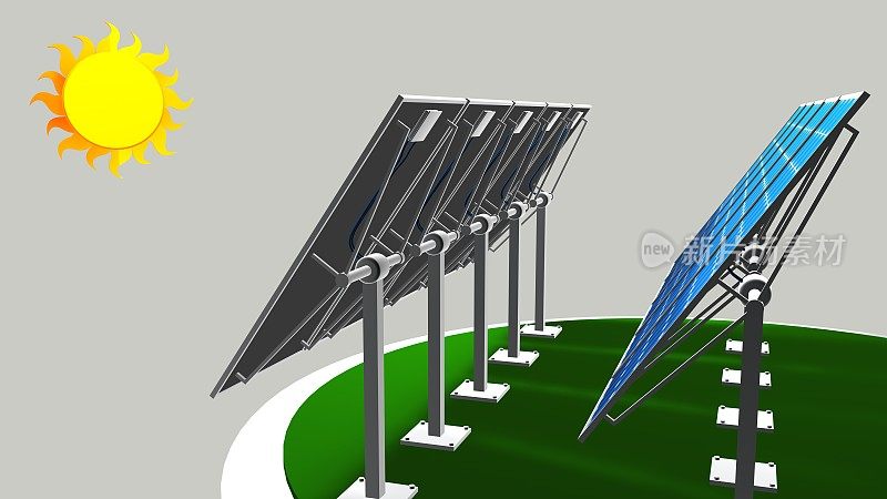 一组太阳能电池板的3D模型，沿着太阳的路径与白色的背景-可再生能源