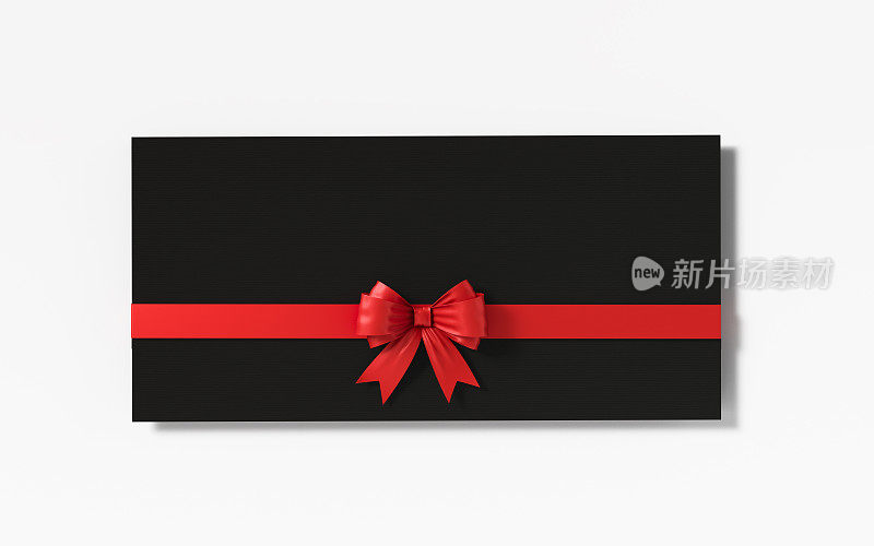 黑色礼品卡与红色蝴蝶结在白色背景