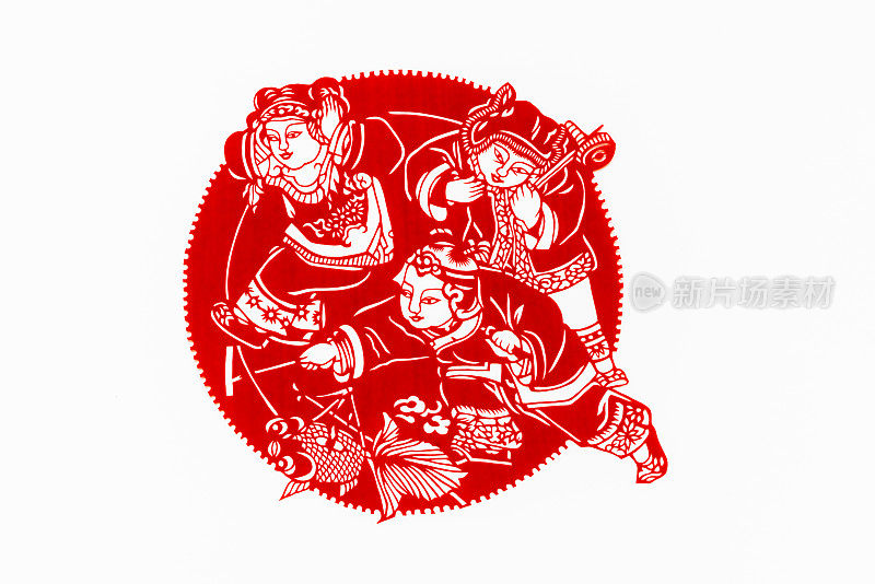 中国传统剪纸艺术图案、花窗。象征着幸福和好运。中国新年装饰元素。汉字(幸福、长寿、和平、财富、丰饶)