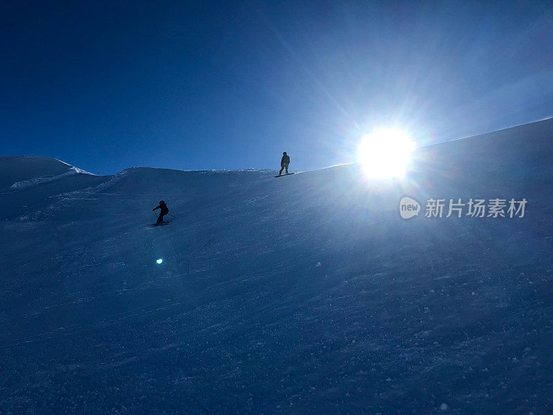 在加利福尼亚一个美丽的太浩湖的日子里，孩子们正在学习滑雪和穿雪鞋。