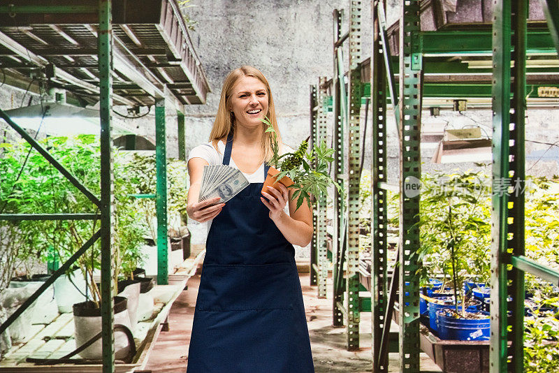 白人女性站在温室的农场里穿着衬衫拿着大麻