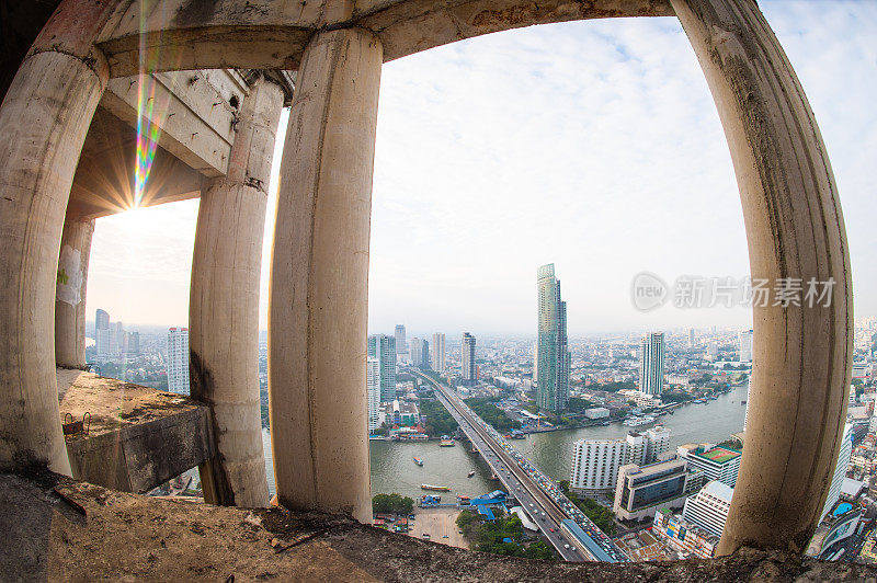 鸟瞰图Sathorn和silom区从幽灵塔在CBD市中心曼谷silom，曼谷中心，泰国