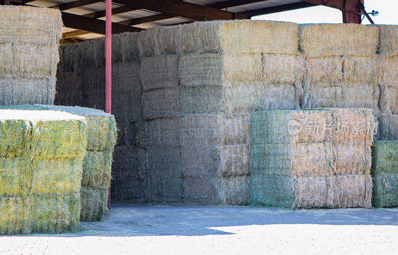 畜牧场谷仓中堆放的干草堆