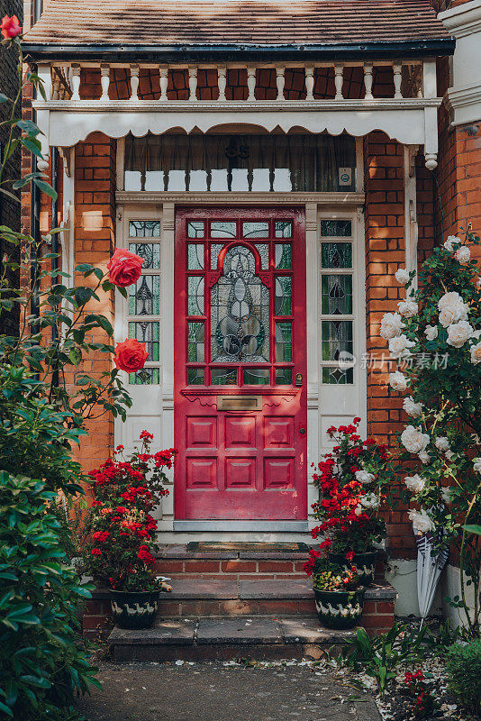 在英国伦敦，一个传统的爱德华时代房子的深粉色彩色玻璃前门，选择性的焦点。