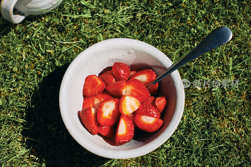 头顶上的乡村碗装满了自家种植的草莓在室外花园草坪在一个阳光明媚的日子。