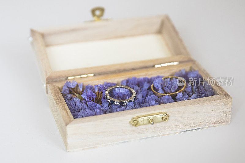 结婚戒指放在一个用紫色花朵装饰的小木盒里