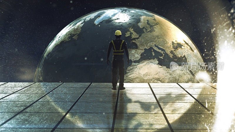 建筑人望着太空地球规划着地球的未来，在全球网络的概念中正在发生什么
