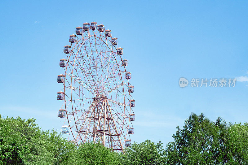 大摩天轮在公园的树林中，背景是清澈的蓝天